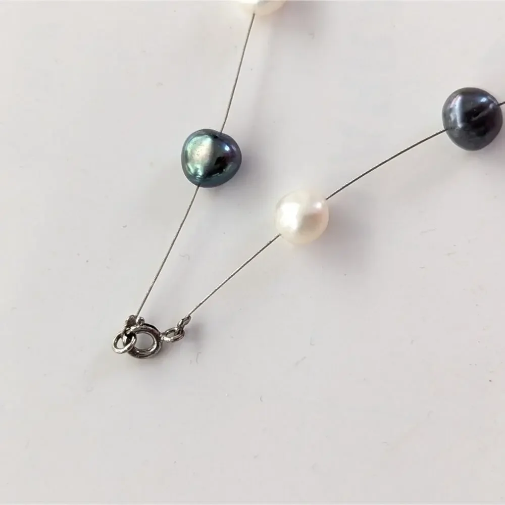 Vintage Large Pearl Memory Wire Sterling Silver Clasp Delicate Coastal Necklace